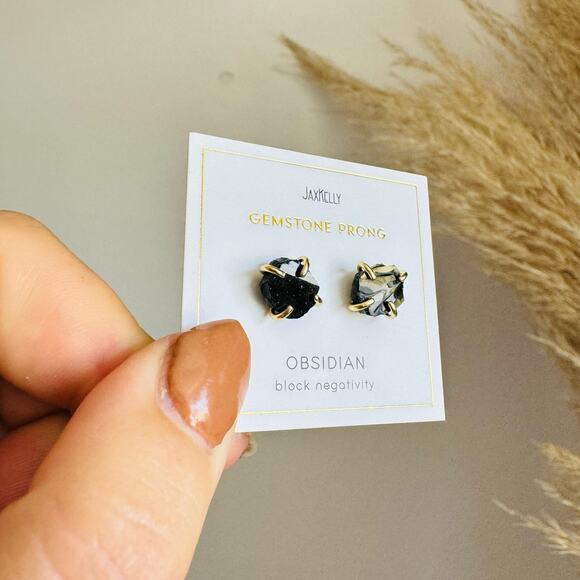 NEW ANTHROPOLOGIE JaxKelly 18kt Gold Obsidian Stone Natural Gemstone Earring - Picture 7 of 7